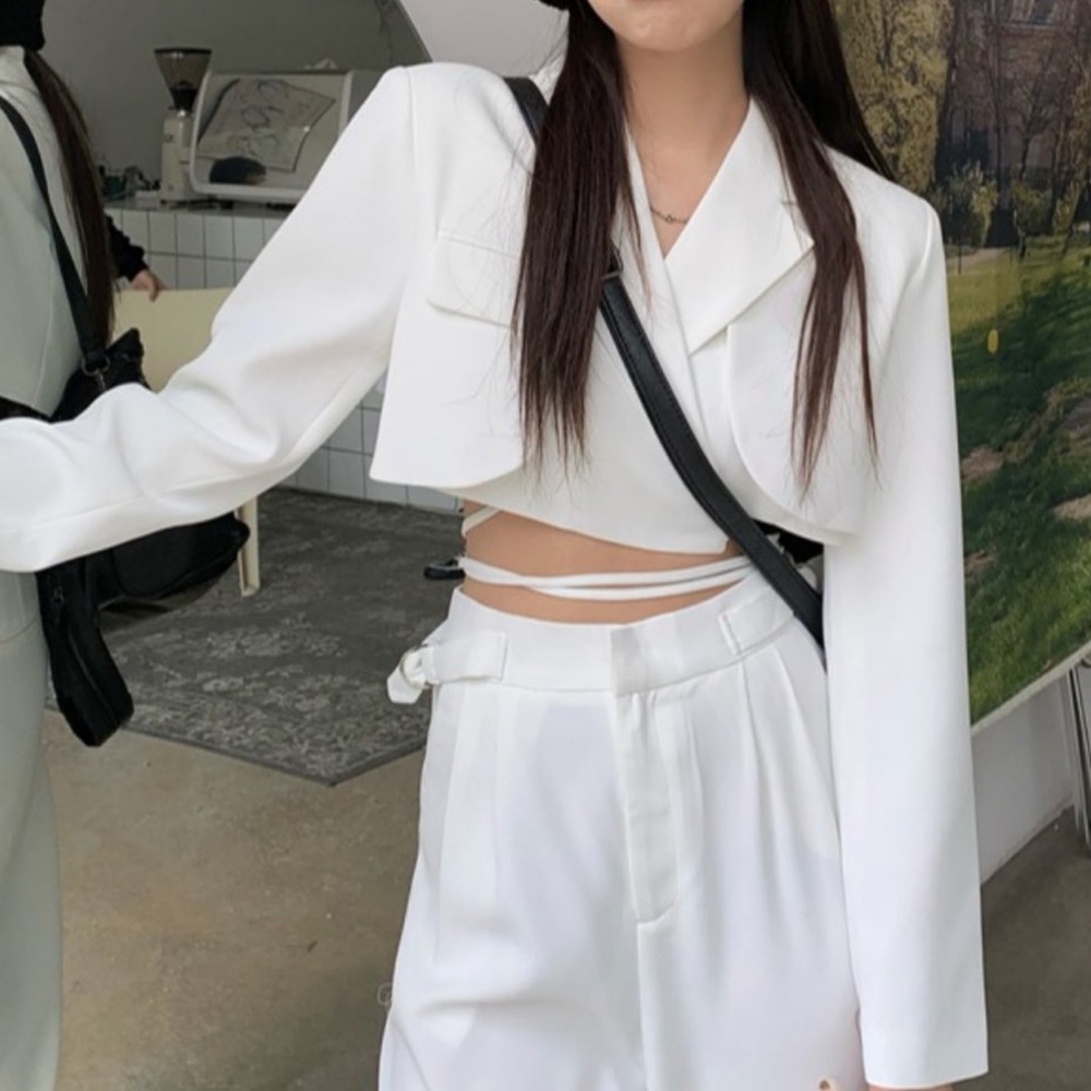 White crop tie up blazer